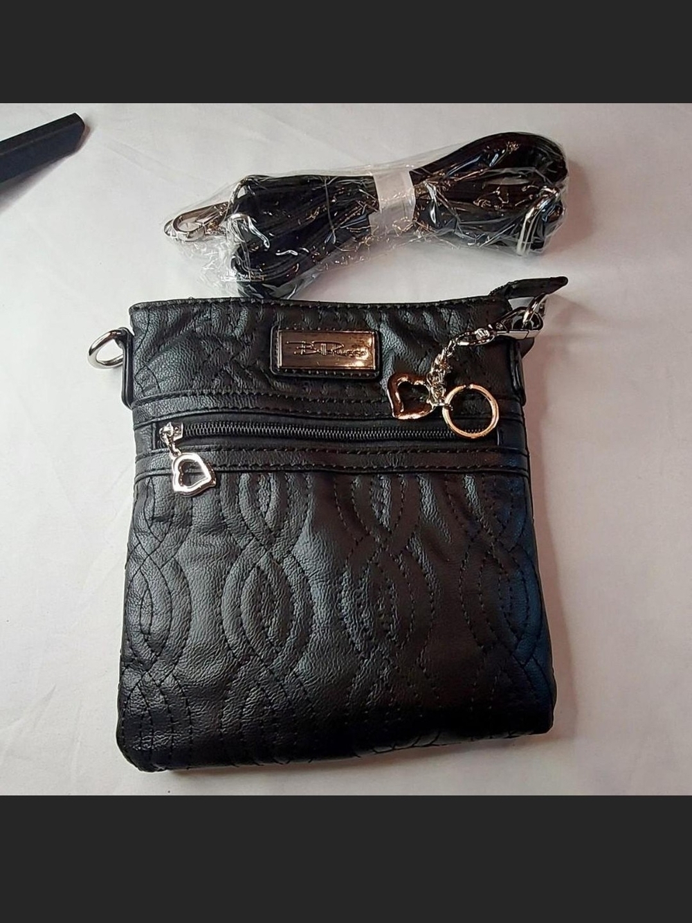 NWOT Bella Russo Black Quilted Crossbody Bag Heart Charm